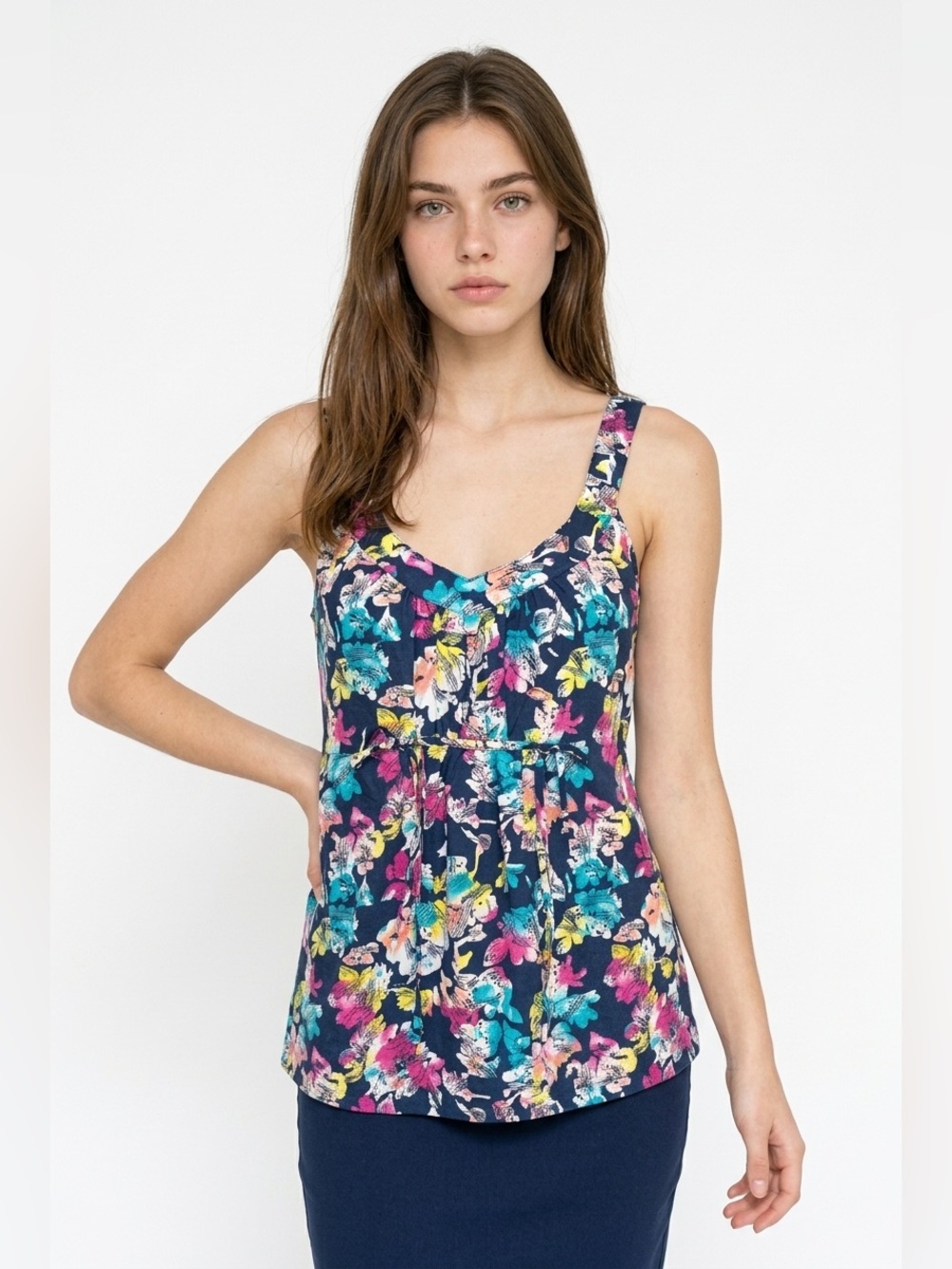 Love Blue Smocked Floral Sleeveless Tank Top
